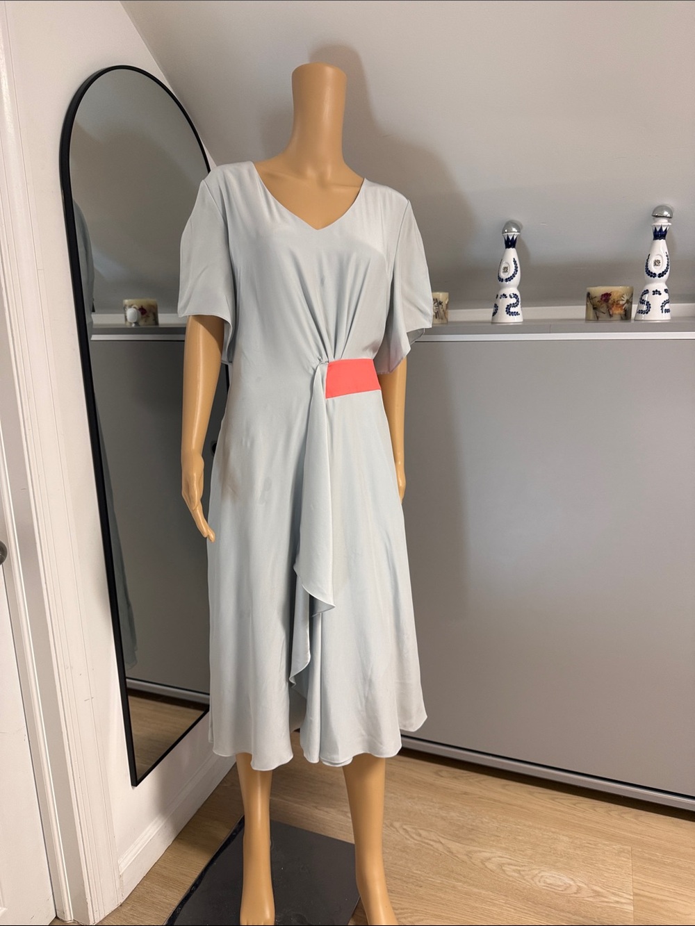 Emporio Armani Pale Gray Midi Dress with Coral Waist Detail